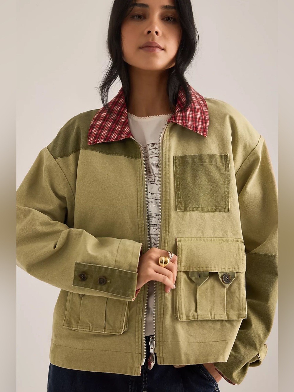 Anthropologie Damson Madder Marcelle Reversible Barn Jacket Plaid Khaki 8 NWT - Picture 4 of 15